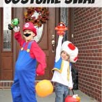 Boys dressed up in Mario and Toad Halloween costumes