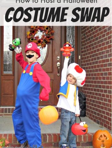 Boys dressed up in Mario and Toad Halloween costumes
