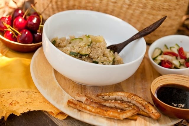 Garden Vegetable Quinoa, Cherry Tomato Salad, Fried Tofu Fries with Sesame Soy Dressing