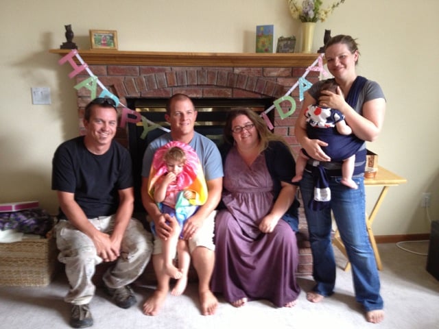 Peggy's children left to right: Bram, Finnie with his daughter, Violet, Lally, Nora with her daughter, Samantha.