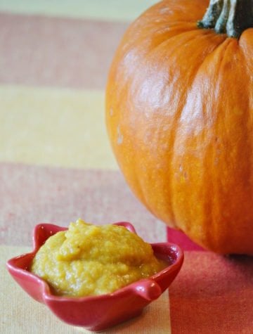 Pumpkins are loaded with potassium, protein, fiber, and iron… making this an ideal first food for your baby. This puree is suitable for babies 5-6 months and up. At this stage, the consistency and texture of the puree should be smooth and creamy.