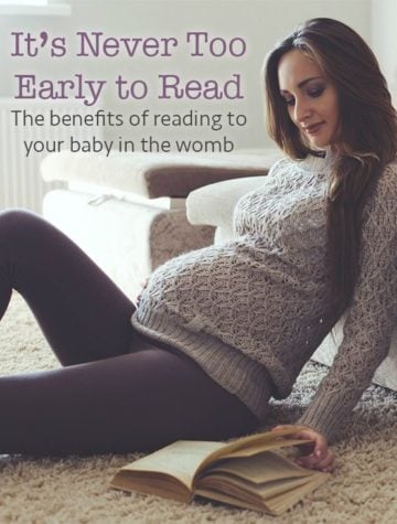 Pregnant woman reading to baby in womb