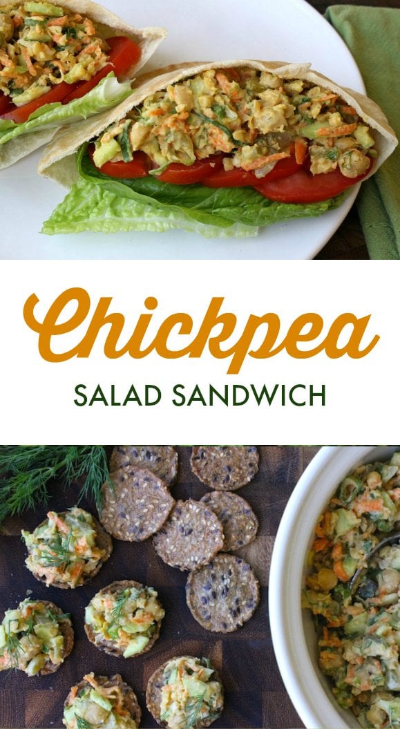 These Chickpea Salad Sandwiches are perfectly packable for a summertime picnic. Stuff the chickpea salad into a pita pocket with crisp romaine lettuce leaves and a few slices of ripe, juicy tomato. You can also scoop it onto your favorite crackers for a party app, spoon it into lettuce cups for a lower calorie afternoon snack option, or forego any sort of presentation and just shovel it with a fork straight from the bowl to your mouth.