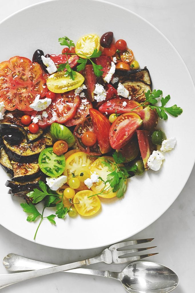 Blistered Eggplant with Tomatoes, Olives, & Feta