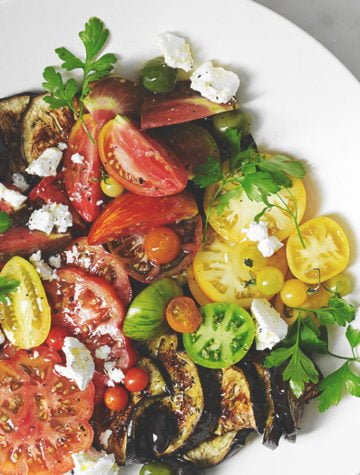 Blistered Eggplant with Tomatoes, Olives, & Feta