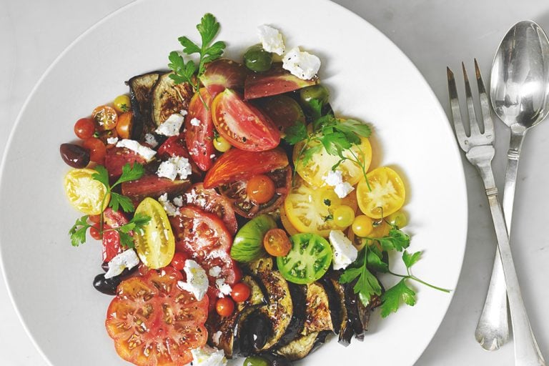 Blistered Eggplant with Tomatoes, Olives, & Feta