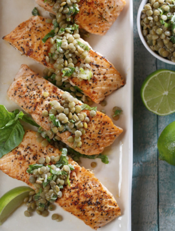 Seared Salmon with Basil Lentil Gremolata