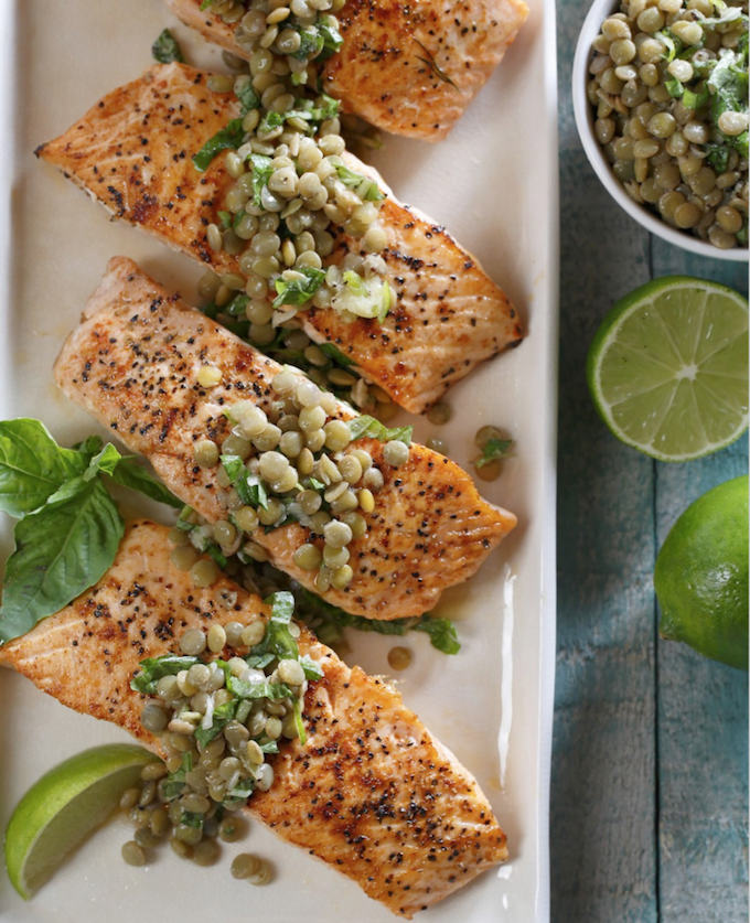 Seared Salmon with Basil Lentil Gremolata