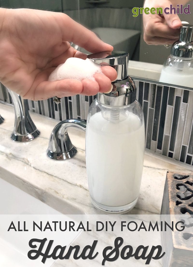 All natural DIY foaming hand soap in a foaming pump on bathroom sink