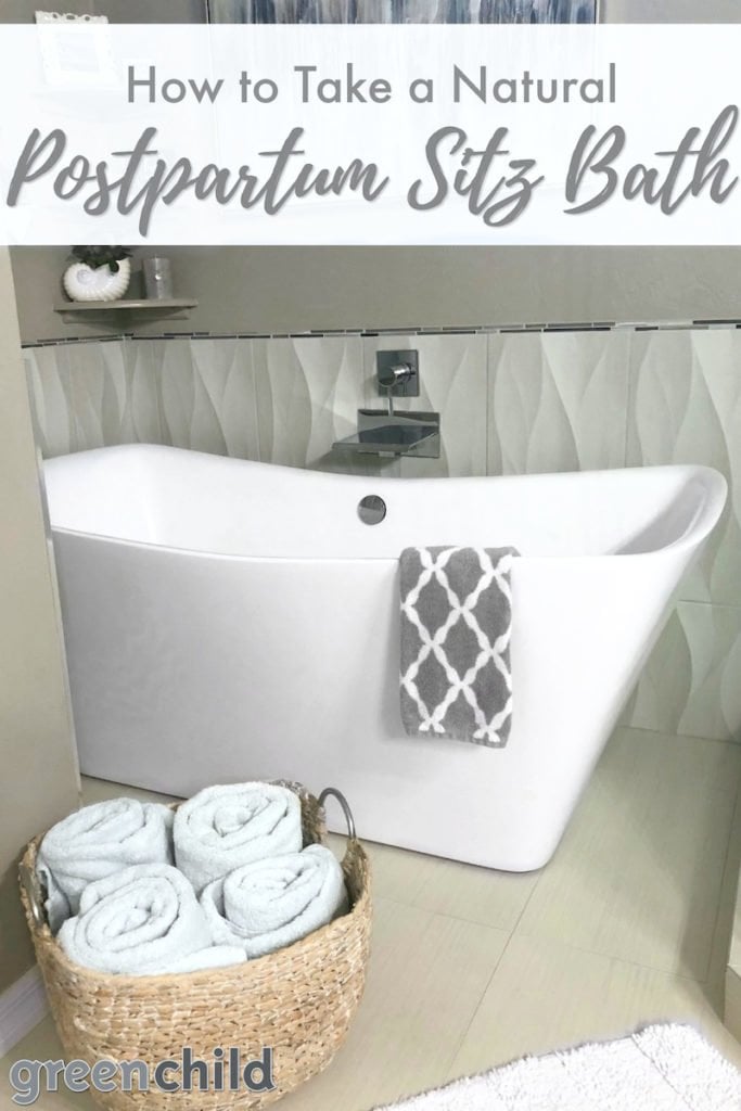 Gray neutral master bathroom with natural postpartum sitz bath 