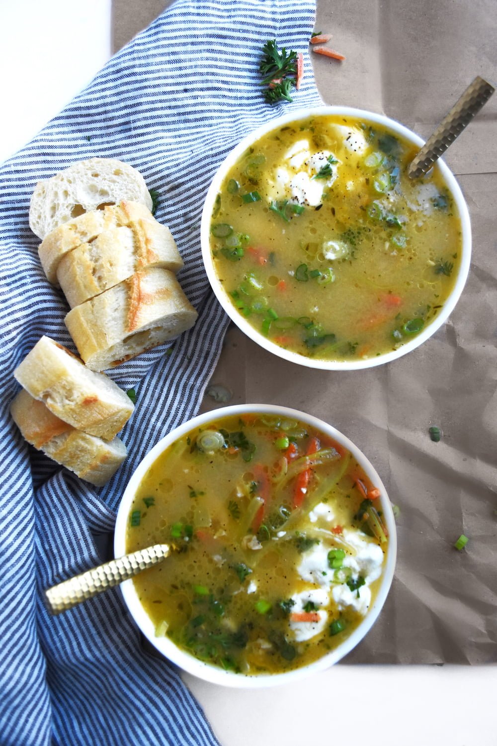 Made with roasted garlic, fresh herbs, scallions, and root vegetables, this Garlic Chicken Bone Broth Soup is a soothing, nourishing way to get all the benefits of bone broth.