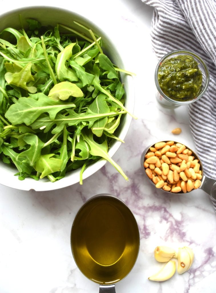 This fresh arugula pesto pasta is gluten-free, vegan, and can easily fit into your simple and healthy weeknight meal plan.