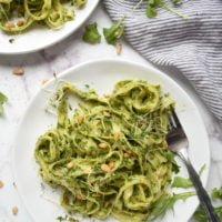 This fresh arugula pesto pasta is gluten-free, vegan, and can easily fit into your simple and healthy weeknight meal plan.