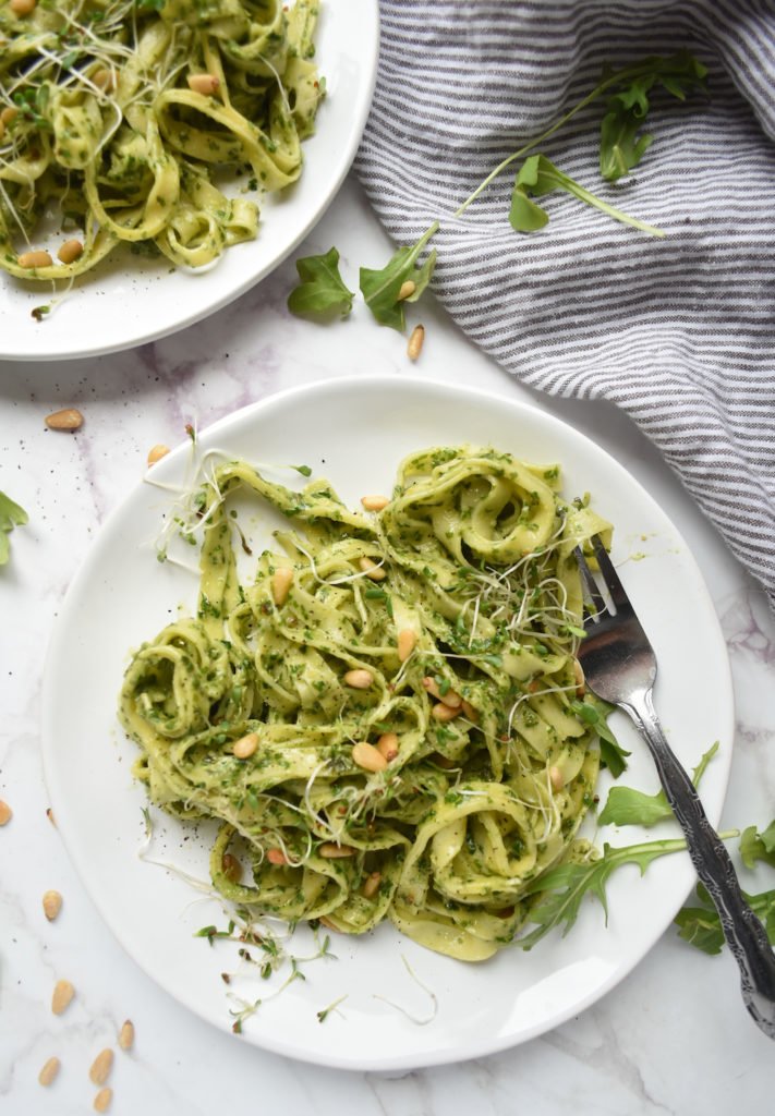 This fresh arugula pesto pasta is gluten-free, vegan, and can easily fit into your simple and healthy weeknight meal plan.