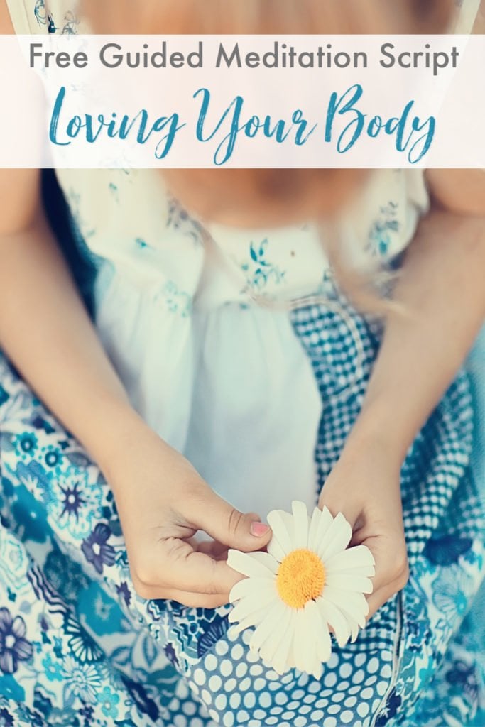 Child holding flower listening to guided meditation script about loving your body