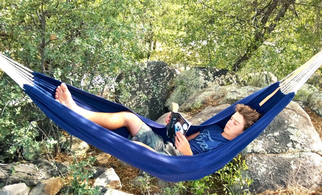 Homeschooled Boy reading in a hammock 