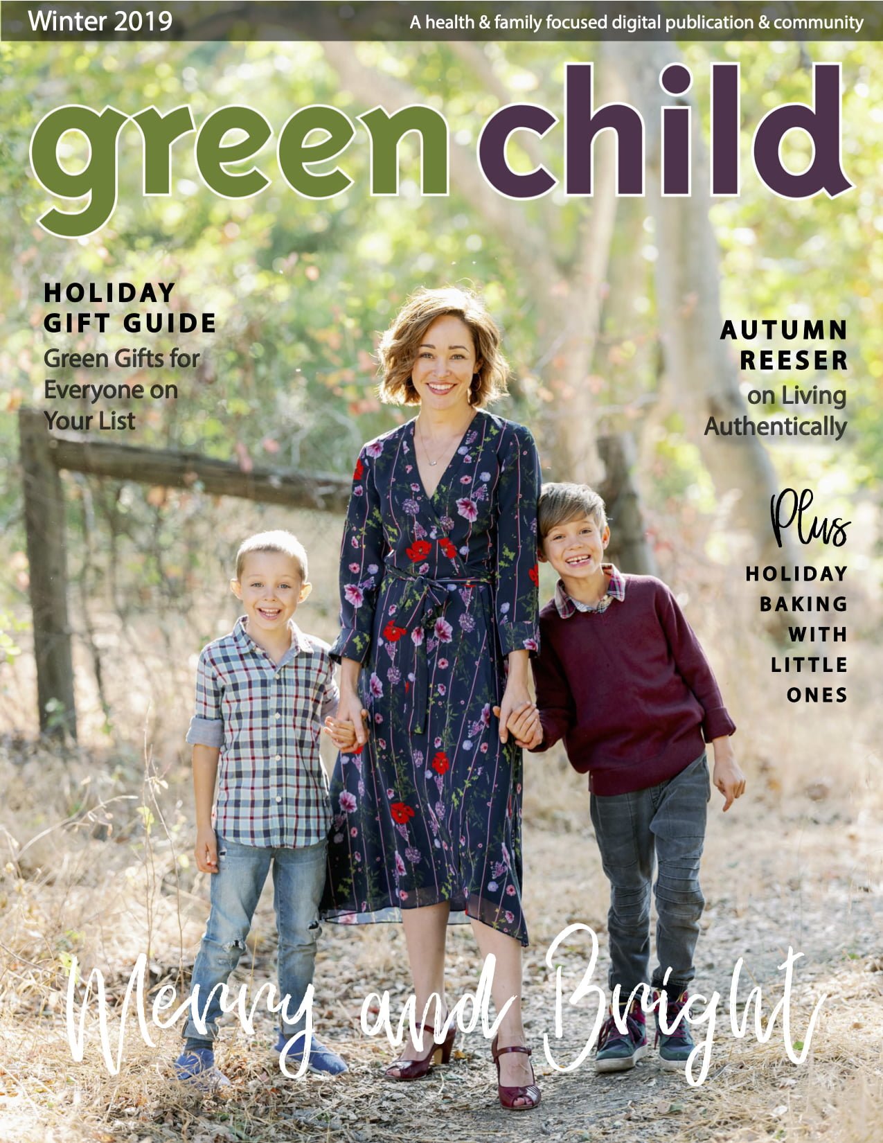Actor Autumn Reeser with her sons on cover of Green Child Magazine's 2019 Holiday Issue