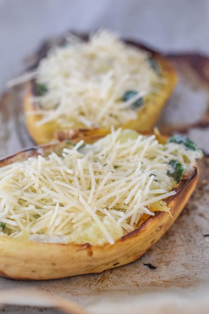 Spinach & Garlic Stuffed Spaghetti Squash ingredients in squash boat