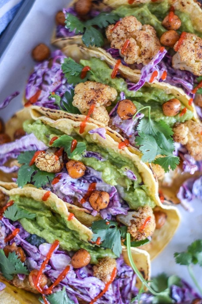 Roasted Cauliflower and Chickpea Tacos with guacamole