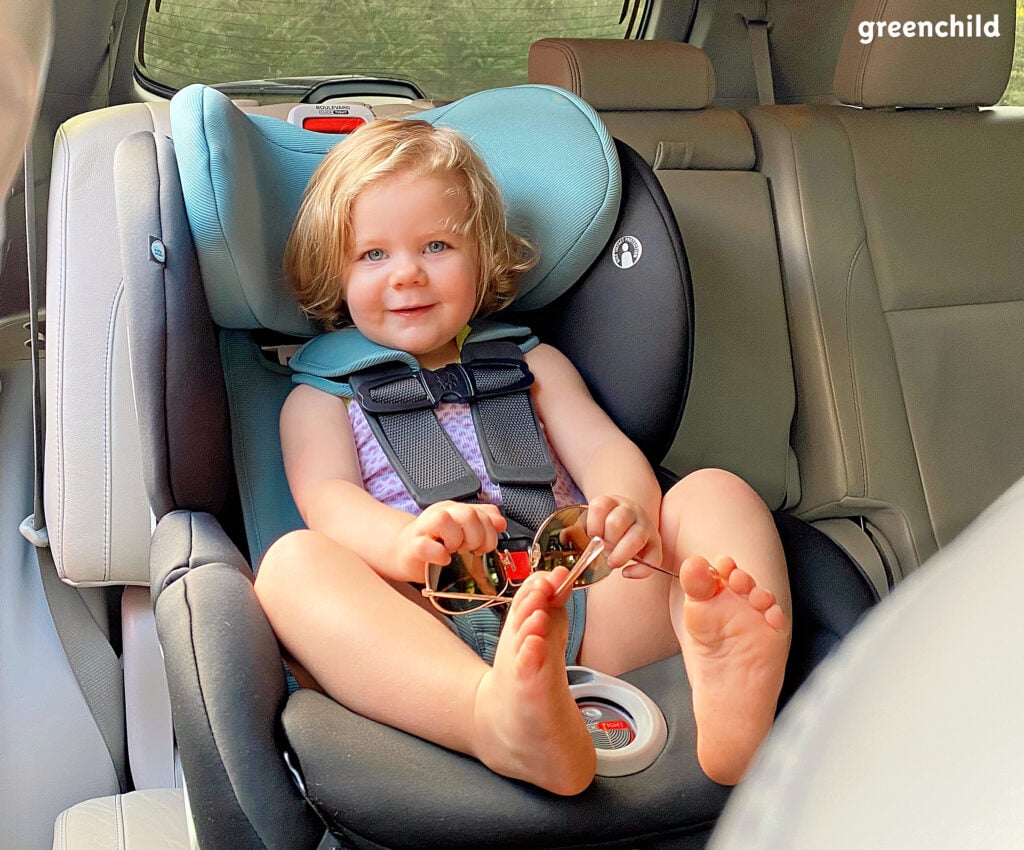 toddler in flame retardant free car seat from Britax
