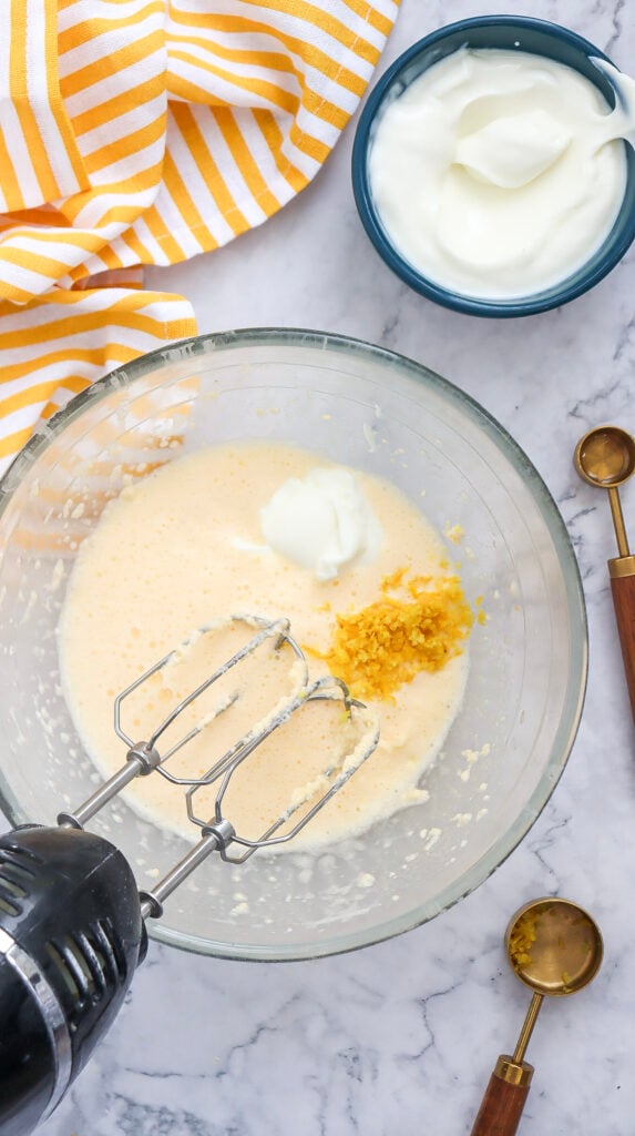 combining ingredients for lemon blueberry bundt cake