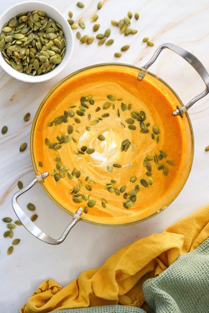 creamy pumpkin soup with pumpkin seeds
