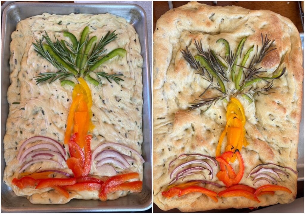 focaccia art before and after baking
